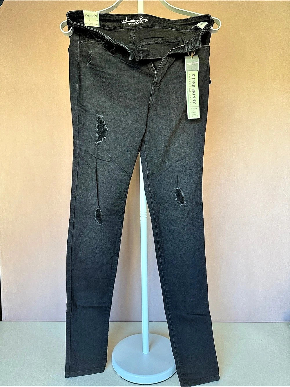 American Rag Super Skinny High Rise Distressed Black Jeans